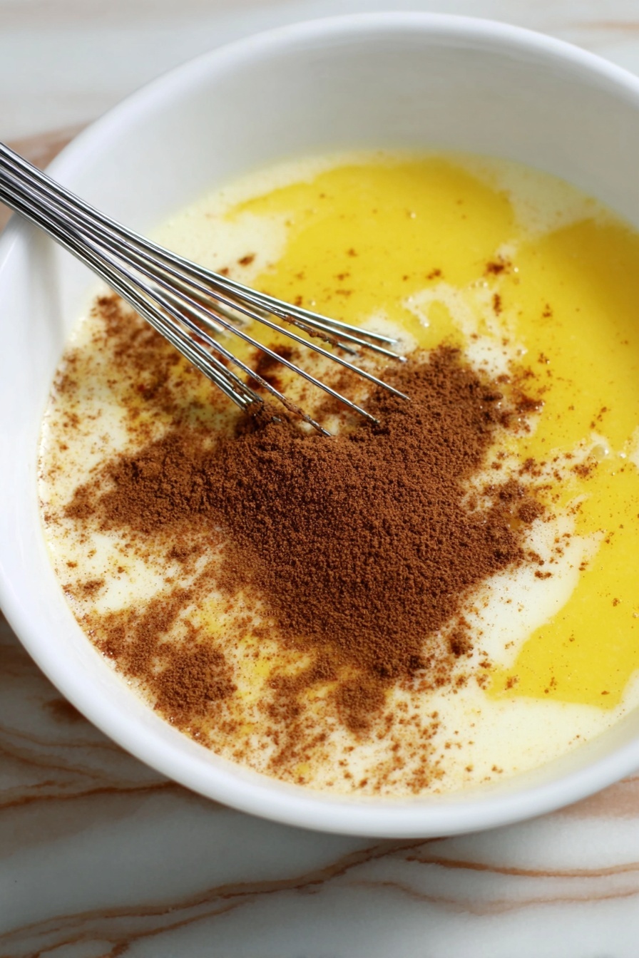A white bowl holds a mixture with three clear layers: at the bottom is a yellow liquid layer with a smooth texture, above that a light creamy layer with a slightly frothy texture, and on top a layer of brown powder sprinkled unevenly. A metal whisk is partially submerged on the left side of the bowl. The bowl sits on a white marbled surface. Photo taken with an iphone --ar 2:3 --v 7