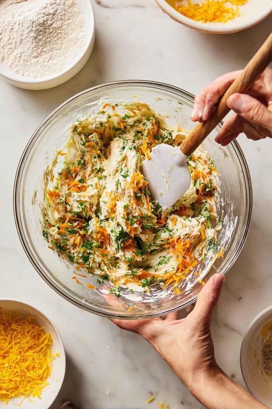 A large clear glass bowl sits on a white marbled surface, filled with a thick mixture that has three main visible layers: creamy off-white batter, bright orange shredded pieces, and finely chopped green herbs spread throughout. A woman's hand holds the bowl steady while another woman's hand stirs the mixture with a white spatula that has a wooden handle. Around the bowl, there are white bowls, one showing flour and another with yellow shredded ingredients, all on the same white marbled surface. Photo taken with an iphone --ar 2:3 --v 7