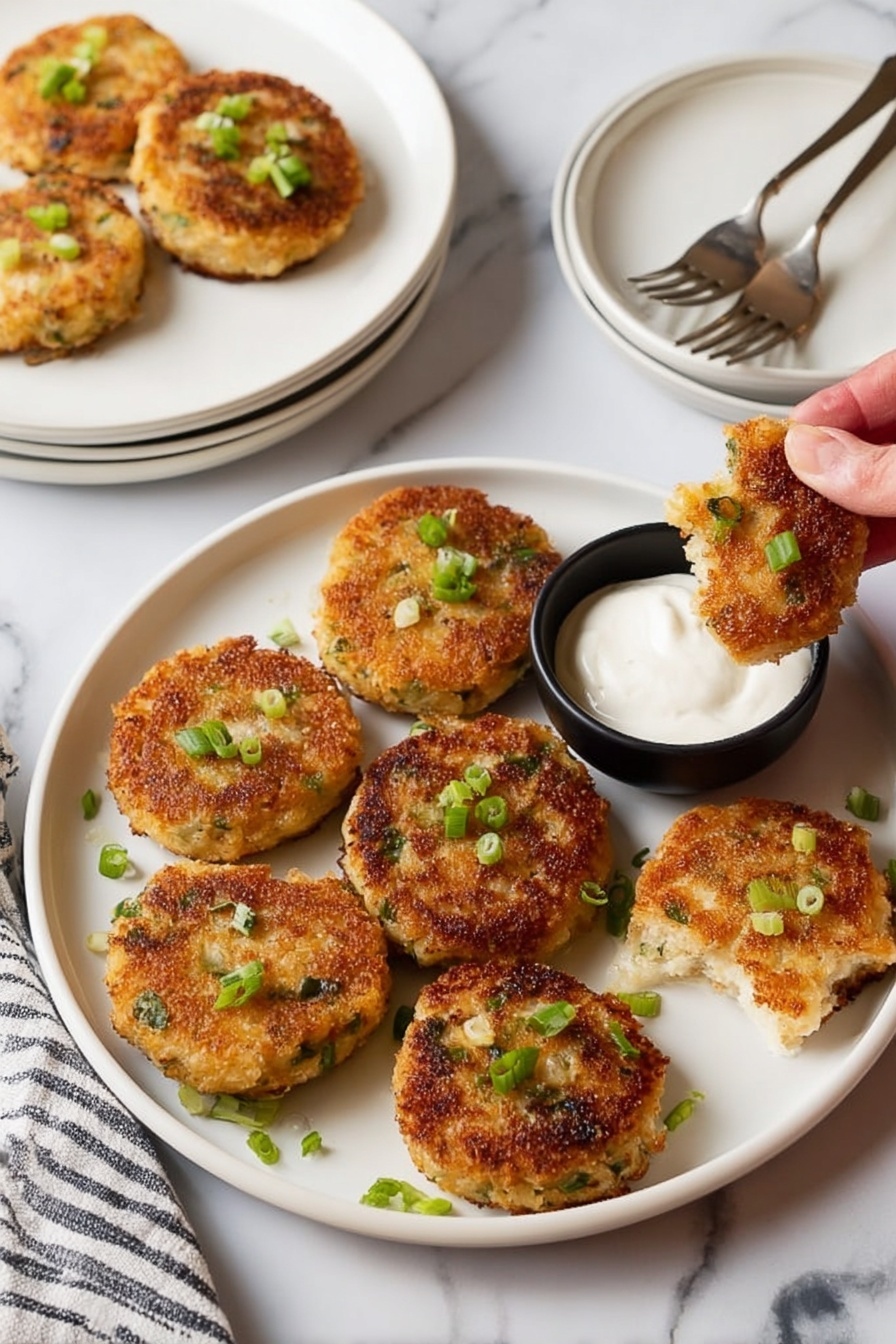 Six round patties with a golden brown crispy crust are cooking inside a black skillet with a white handle, one patty is being lifted by a metal spatula near the right side of the pan. The patties have small green herb bits visible in the crust. The pan is on a white marbled surface with a striped cloth under the handle. To the bottom right, there is a white plate filled with light tan breadcrumbs. To the top left, some fresh green parsley sprigs are partially visible. photo taken with an iphone --ar 2:3 --v 7