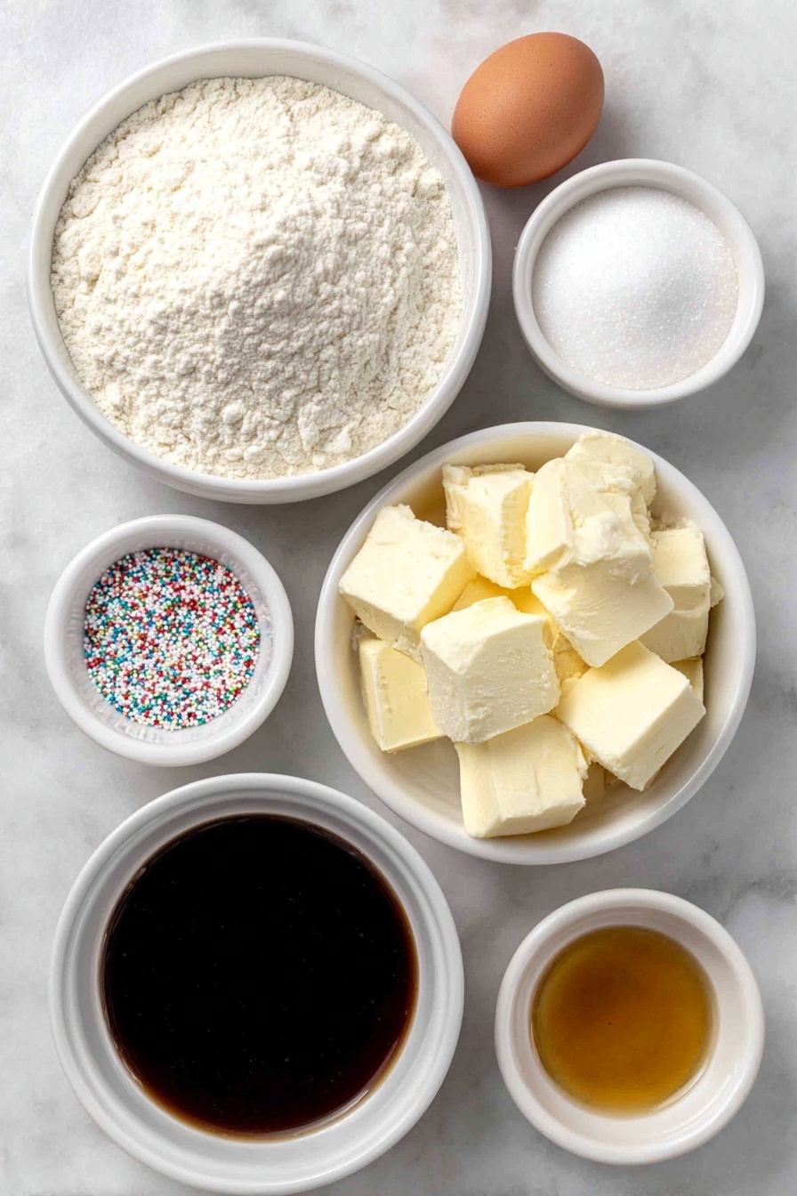 Flat lay of a small mound of all-purpose flour, a small white bowl of granulated sugar, one whole uncracked brown egg, a small white bowl filled with coarse pieces of cold butter, a small white bowl with deep amber Baileys Irish Cream liqueur, a small white bowl of dark brewed coffee, a small white bowl of golden vanilla extract, a small white bowl of fine powdered sugar, and a few colorful sprinkles scattered delicately nearby, all arranged symmetrically with perfect proportions on a clean white marble surface, soft natural light, photo taken with an iPhone, professional food photography style, fresh ingredients, white ceramic bowls, no bottles, no duplicates, no utensils, no packaging --ar 2:3 --v 7 --p m7354615311229779997