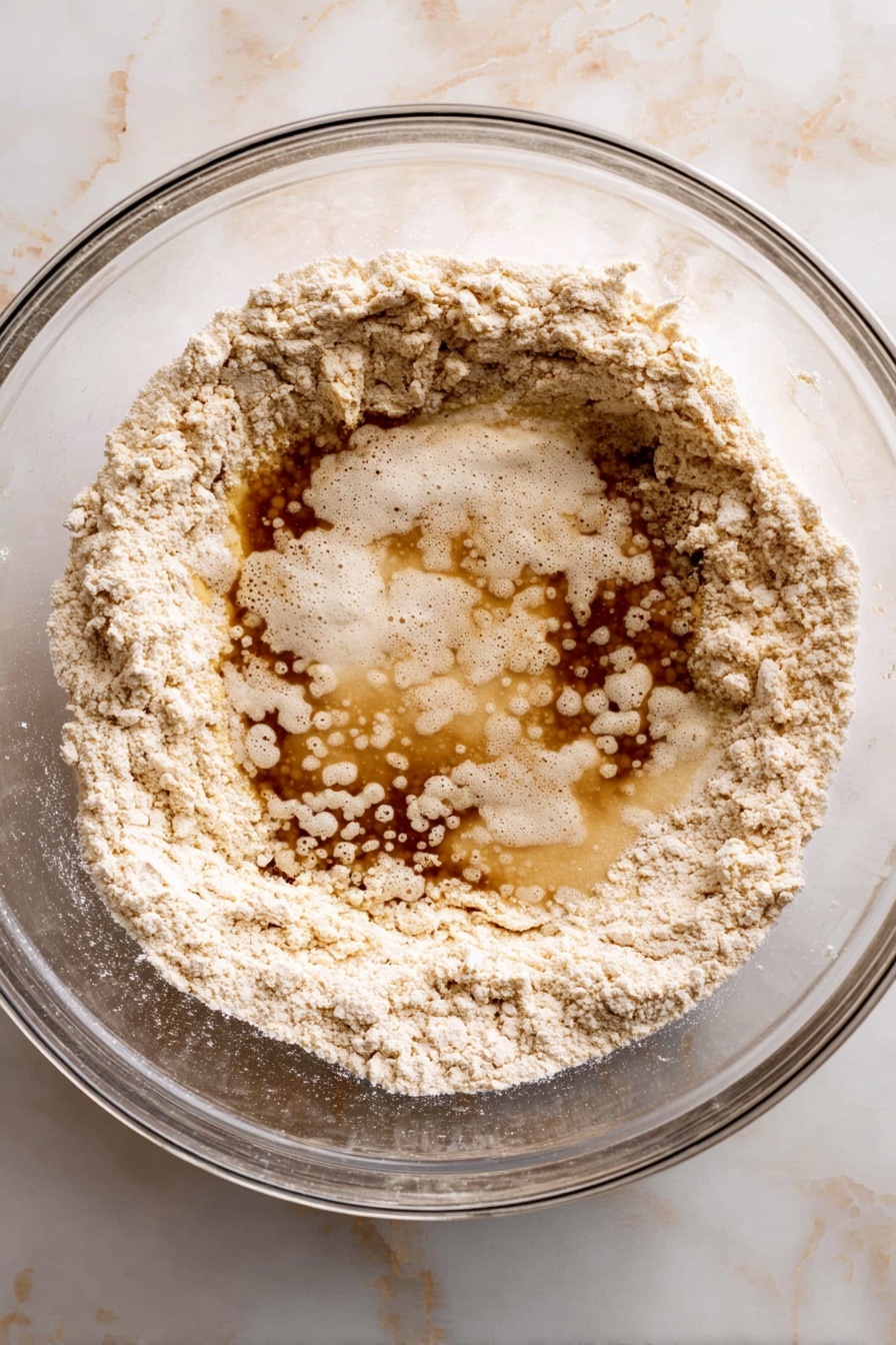 A clear glass bowl shows a mix of dry and wet ingredients before stirring. The outer layer is light beige flour with a crumbly texture, forming a ring close to the bowl's edge. Inside this ring, there is a darker brown liquid mixed unevenly with a creamy off-white liquid that has bubbles, creating a marbled pattern in the center. The bowl sits on a white marbled surface. photo taken with an iphone --ar 2:3 --v 7