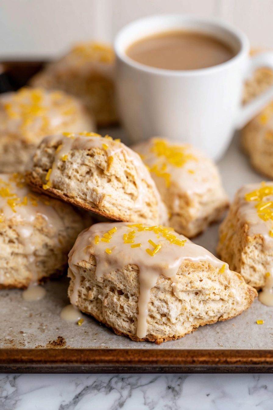 Eight triangular scones with a light golden brown and crumbly texture are spread out on parchment paper over a white marbled surface. Each scone is topped with a smooth, light beige glaze that drips slightly onto the paper below. On top of the glaze, there are thin, golden-yellow sprinkles scattered evenly across each scone, adding a crunchy detail. The scones have visible cracks and a rustic, homemade look. Photo taken with an iphone --ar 2:3 --v 7