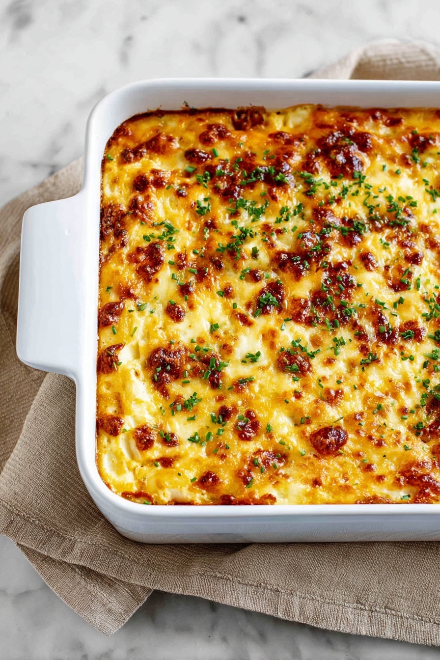 A slice of creamy, layered casserole sits on a white plate with a silver fork beside it. The casserole has three visible layers: the bottom layer is light beige and looks soft and fluffy, the middle layer contains small chunks of cooked meat mixed with a creamy white sauce, and the top layer is melted yellow cheese with golden brown spots and crispy bits of bacon scattered on top. Fresh green parsley is sprinkled over the slice and around the plate, adding a touch of color. The background features a white marbled surface with a white baking dish slightly blurred in the back. Photo taken with an iphone --ar 2:3 --v 7