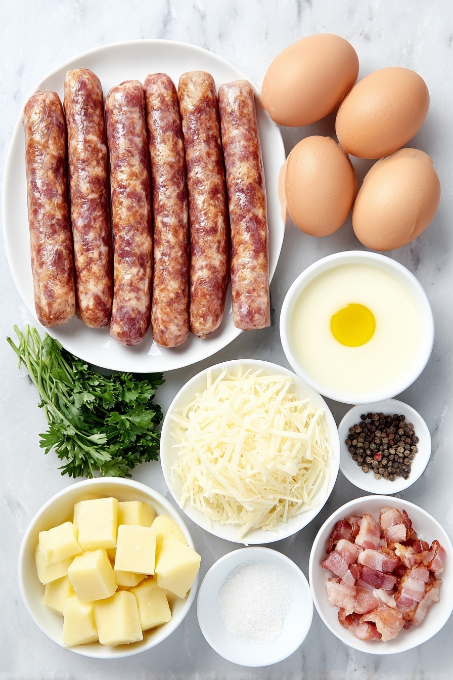 Flat lay of a small pool of golden olive oil in a simple white ceramic bowl, a handful of raw breakfast sausage links bursting with herbs and spices, a mound of peeled and cubed golden potatoes, six large brown eggs with smooth, clean shells arranged neatly, a small white bowl filled with creamy almond milk, a neat pile of shredded white mozzarella cheese, a small white bowl of coarse kosher salt crystals, a small white bowl with freshly cracked black peppercorns, a small white bowl of fine garlic powder, six crispy cooked bacon strips chopped into bite-sized pieces, and a small bunch of fresh, bright green parsley leaves still on sprigs, all placed on a clean white marble surface, soft natural light, photo taken with an iPhone, professional food photography style, fresh ingredients, white ceramic bowls, no bottles, no duplicates, no utensils, no packaging --ar 2:3 --v 7 --p m7354615311229779997