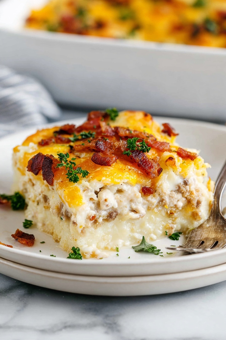 A white rectangular baking dish holds a golden brown casserole with a crispy cheese layer on top, dotted with small browned spots and caramelized edges. The surface is sprinkled with chopped fresh green herbs scattered evenly, adding a touch of color contrast. The casserole appears thick and creamy beneath the cheese, with some bubbly textures visible. The baking dish rests on a beige cloth, all placed on a white marbled surface. Photo taken with an iphone --ar 2:3 --v 7
