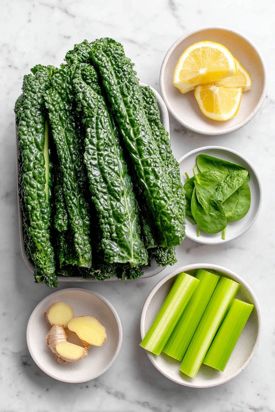Flat lay of a bunch of fresh, vibrant green kale leaves with stems removed, a peeled lemon quartered into four wedges, six crisp celery stalks, a large peeled cucumber cut into long strips, a small pile of bright baby spinach leaves, two green apples cored and sliced, and a small piece of peeled ginger root arranged neatly, all placed on simple white ceramic bowls and plates, perfectly balanced and symmetrical, placed on a clean white marble surface, soft natural light, photo taken with an iPhone, professional food photography style, fresh ingredients, white ceramic bowls, no bottles, no duplicates, no utensils, no packaging --ar 2:3 --v 7 --p m7354615311229779997