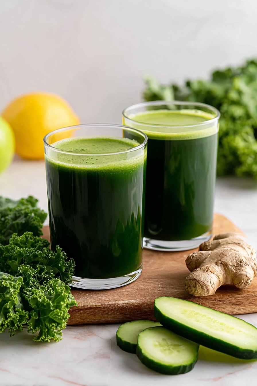 A tall clear glass bottle filled with thick bright green juice stands center on a white marbled surface. The juice is smooth and opaque, filling the bottle up to a white screw top lid. Around the base of the bottle, there are three fresh ingredients: a wedge of lemon with bright yellow skin and juicy pale inside on the right side, and two round slices of cucumber with dark green skin and pale green watery flesh slightly overlapping each other in front. In the blurred background on the left, there is a bunch of curly green leafy kale, and on the right, a green apple and some ginger pieces add hints of yellow and light brown. The photo taken with an iphone --ar 2:3 --v 7