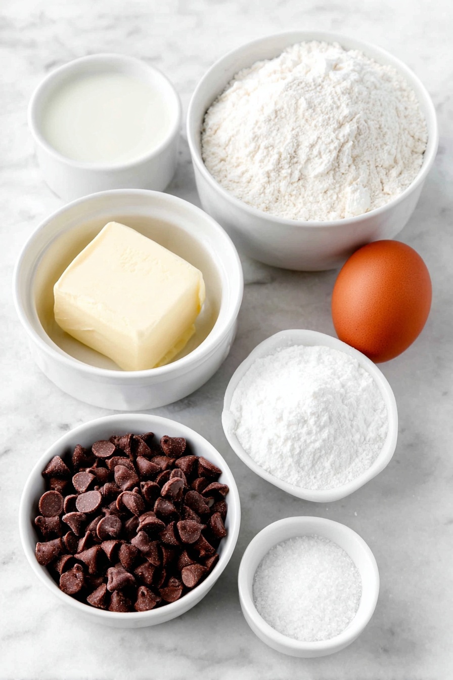 Flat lay of a small pat of melted butter in a simple white ceramic bowl, one whole brown egg with a clean shell, a small white ceramic bowl of milk, another small white ceramic bowl with clear peppermint extract liquid, a small white ceramic bowl holding green food coloring liquid, a small white ceramic bowl filled with all-purpose flour, a small white ceramic bowl with granulated sugar, a small white ceramic bowl containing baking powder, a small pinch of salt next to the bowls, and a neat pile of mini semi-sweet chocolate chips placed on a clean white marble surface, soft natural light, photo taken with an iPhone, professional food photography style, fresh ingredients, white ceramic bowls, no bottles, no duplicates, no utensils, no packaging --ar 2:3 --v 7 --p m7354615311229779997
