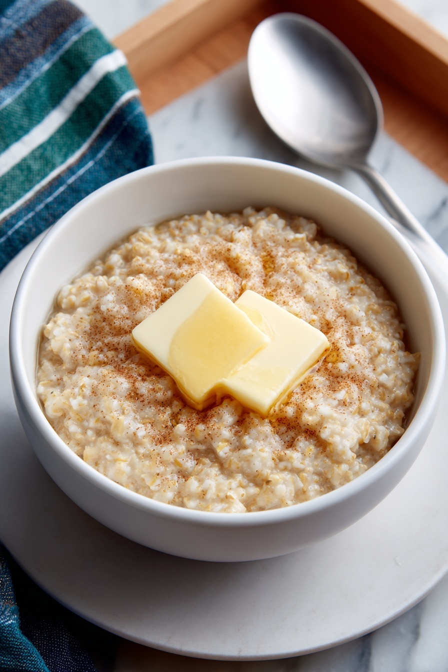 A blue bowl filled with creamy, white rice pudding showing soft, small rice grains in milk, topped with a dollop of melted butter in the center and sprinkled with light to medium brown sugar bits scattered unevenly on top. A woman's hand is holding a silver spoon lifting a spoonful of the pudding, highlighting the thick, smooth texture with a touch of brown sugar on it. In the back, there is a small black dish with more brown sugar. The dish is placed on a white marbled surface. photo taken with an iphone --ar 2:3 --v 7