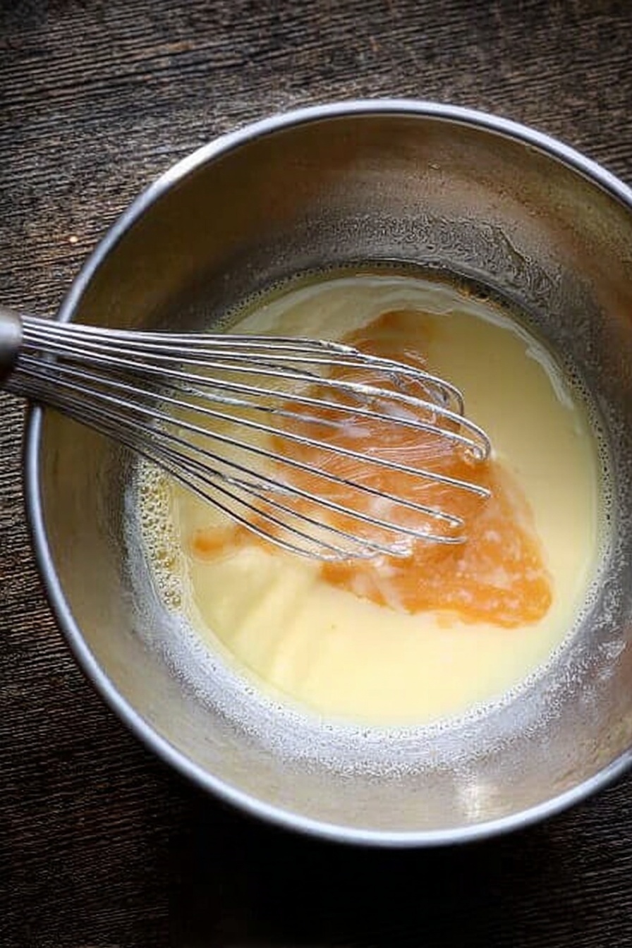Inside a large silver mixing bowl, there is a liquid mixture that looks light yellow with slightly thicker pale orange streaks sitting on the surface. A shiny metal whisk with thin wires rests on the edge of the bowl, partially submerged in the mixture. The bowl is on a dark wooden surface. The photo taken with an iphone --ar 2:3 --v 7