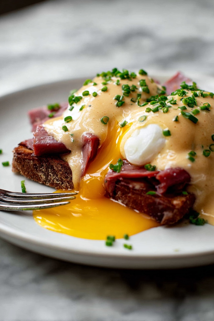 A white plate holds a layered dish starting with a dark brown slice of bread at the base, topped with thin slices of reddish-pink meat. On top of the meat sit two white poached eggs covered with a thick, light brown sauce that spreads over the sides. Bright green chopped chives are sprinkled over the sauce. The yolk from one egg is broken, oozing rich golden yellow liquid onto the plate next to a silver fork. The background is a white marbled texture. photo taken with an iphone --ar 2:3 --v 7