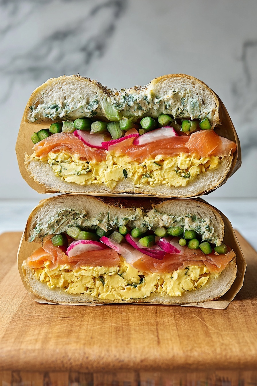 The image shows two halves of a sandwich stacked on a wooden cutting board. Each half has a white bagel sliced horizontally as the top and bottom layers. Inside, there is a thick layer of creamy herb spread on both bagel halves. Below the top bagel layer sits a row of small green vegetable pieces, possibly asparagus, followed by thin slices of pink radish. Underneath the radish is a bright orange layer of smoked salmon, and beneath that, a thick layer of fluffy yellow scrambled eggs mixed with herbs. The sandwich is wrapped partially in light brown parchment paper. The background is a white marbled texture. photo taken with an iphone --ar 2:3 --v 7