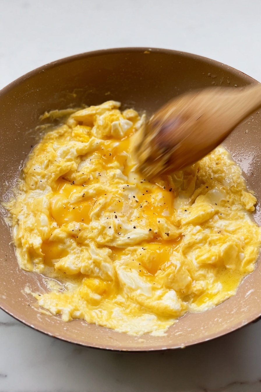 A sandwich cut in half is held by a woman's hand against a white marbled background. The sandwich has four clear layers inside a soft bagel with a light golden-brown crust. The bottom layer is a creamy spread mixed with green herbs, giving it a speckled texture. Above that, there is a thick layer of bright yellow scrambled eggs with white bits, appearing fluffy and well-cooked. Next is a smooth, pinkish-orange layer of smoked salmon, glossy and slightly translucent. The top layer consists of thin slices of red onion mixed with small green asparagus pieces, adding a fresh crunch and vibrant color. The sandwich looks fresh and rich with a mix of soft and crunchy textures. Photo taken with an iphone --ar 2:3 --v 7