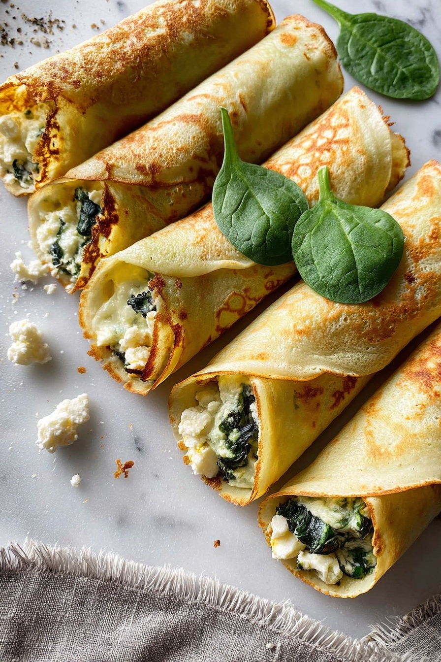 A white plate on a white marbled surface holds two folded crepes stacked on top of each other. Each crepe is a pale golden color with a soft texture, filled with dark green cooked spinach mixed with small white chunks of cheese visible inside. The top crepe has a fresh bright green spinach leaf placed on it. Around the plate, there are a few scattered pieces of white crumbled cheese and red chili flakes, with some fresh spinach leaves slightly blurred in the background. Photo taken with an iphone --ar 2:3 --v 7