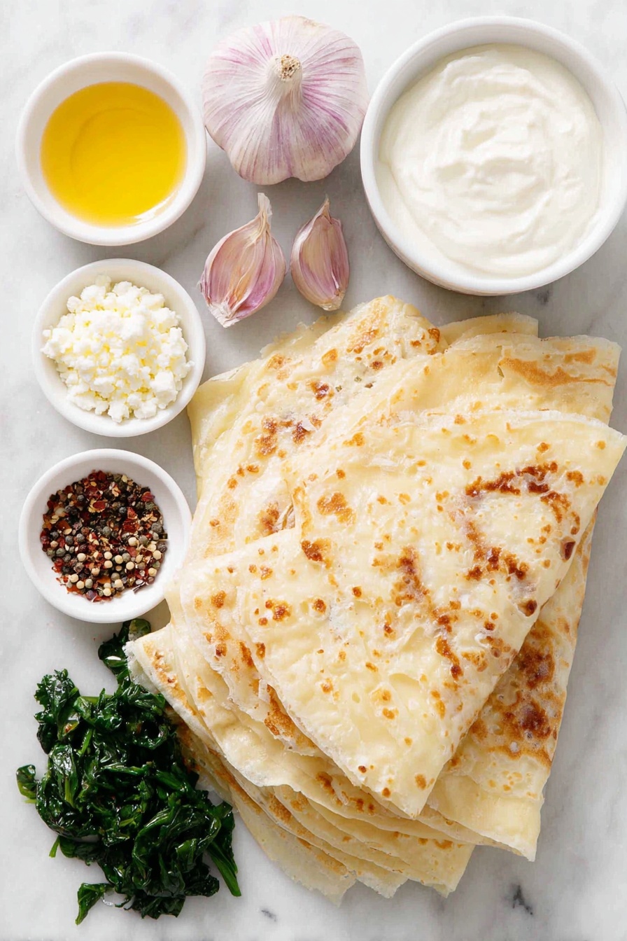 Flat lay of fresh whole crepes stacked neatly, a few whole uncracked brown eggs, a small mound of crumbled white feta cheese, a medium white onion sliced in half, fresh bright green spinach leaves loosely piled, a few large cloves of garlic with papery skins intact, a small white ceramic bowl filled with smooth heavy cream, another small white bowl holding creamy plain Greek yogurt, a small white bowl with golden unsalted butter, a small white bowl with finely grated lemon zest, a small white bowl containing vivid red crushed pepper flakes, a small white bowl with coarse kosher salt crystals, and a small white bowl of freshly cracked black peppercorns, all arranged in perfect symmetry on a clean white marble surface, soft natural light, photo taken with an iPhone, professional food photography style, fresh ingredients, white ceramic bowls, no bottles, no duplicates, no utensils, no packaging --ar 2:3 --v 7 --p m7354615311229779997