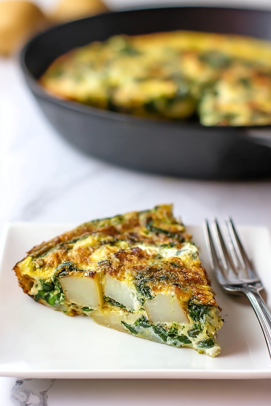 The image shows a black pan filled with cooked diced white potatoes and bright green leafy spinach mixed with chopped green onions. A smooth wooden spoon is resting on the top right edge of the pan, partially covered with some of the greens. The food looks fresh and slightly shiny from cooking, with the different green shades of the spinach leaves and onions contrasting with the soft white potato pieces. The black pan has a simple design and sits on a surface that is replaced by a white marbled texture. photo taken with an iphone --ar 2:3 --v 7