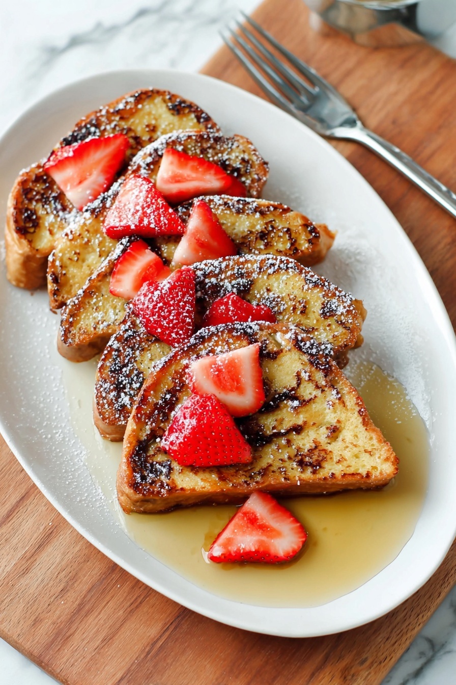 The dish shows four slices of thick, golden-brown French toast arranged in a row on a white oval plate. Each slice has a slightly crispy texture with darker spots from cooking, and they are topped with fresh, bright red strawberry slices layered in pairs that fan out nicely. A light drizzle of golden syrup pools around the base of the toast, giving a glossy shine. There is a light dusting of powdered sugar over the top adding a soft white contrast. The plate is set on a wooden board with a silver fork resting beside it on a white marbled surface. Photo taken with an iphone --ar 2:3 --v 7