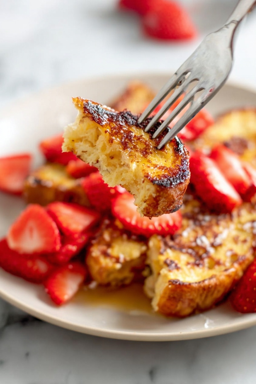 The image shows a close-up of a fork holding a golden-brown piece of French toast with a slightly crispy texture and soft inside. Below the fork, there is a white plate with several pieces of French toast topped with fresh red strawberry slices arranged in a scattered manner. The plate is placed on a white marbled surface. The lighting is natural, brightening the rich colors of the French toast and strawberries. Photo taken with an iphone --ar 2:3 --v 7