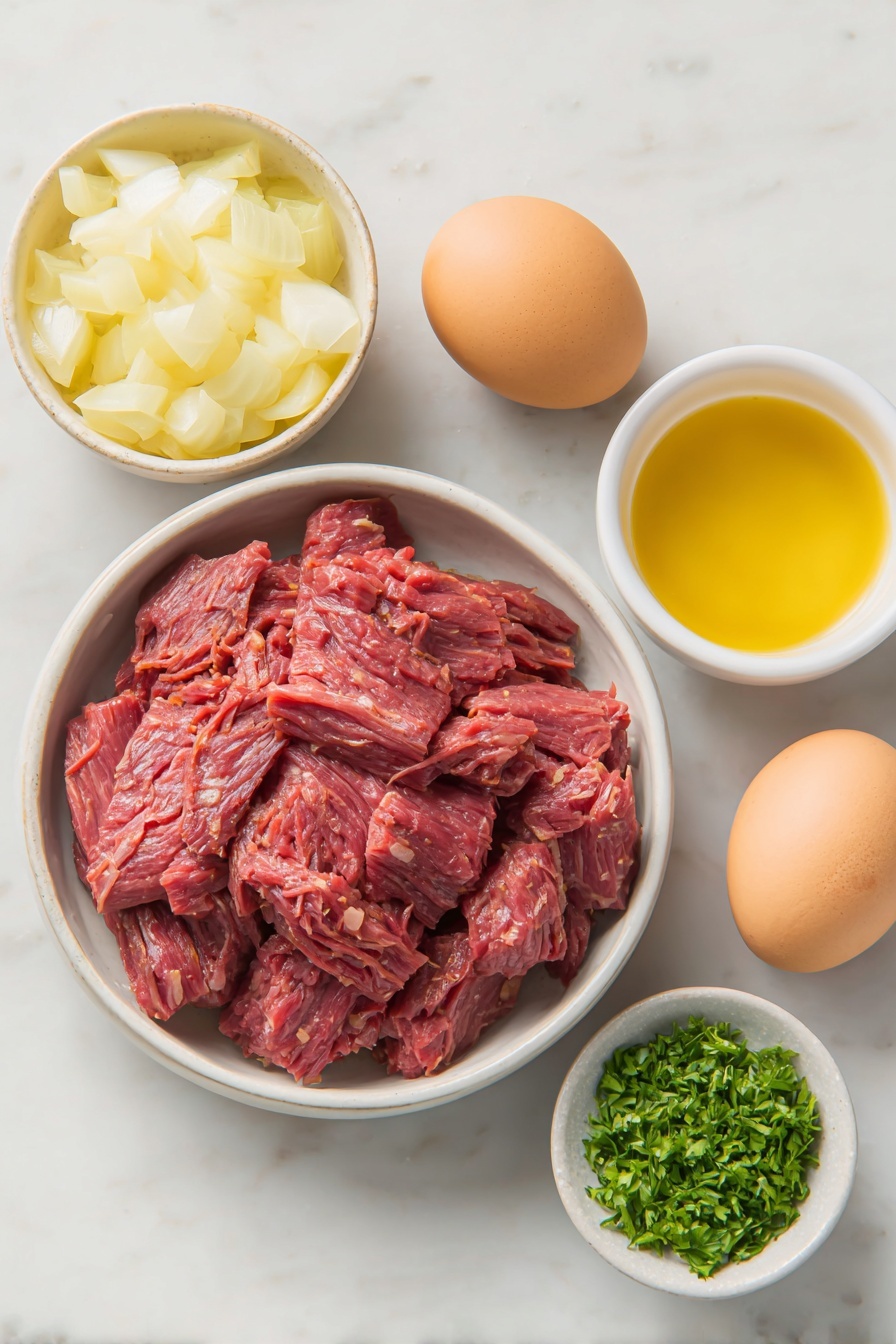 Flat lay of shredded corned beef with rich red and brown tones, diced red potatoes showing fresh skin and creamy white flesh, a small white ceramic bowl filled with translucent diced onions, two whole brown eggs with clean shells, a few sprigs of vibrant green chopped parsley scattered fresh, a small white ceramic bowl containing golden olive oil, and a small white ceramic bowl with bright red hot sauce droplets, arranged symmetrically with balanced spacing, placed on a clean white marble surface, soft natural light, photo taken with an iPhone, professional food photography style, fresh ingredients, white ceramic bowls, no bottles, no duplicates, no utensils, no packaging --ar 2:3 --v 7 --p m7354615311229779997