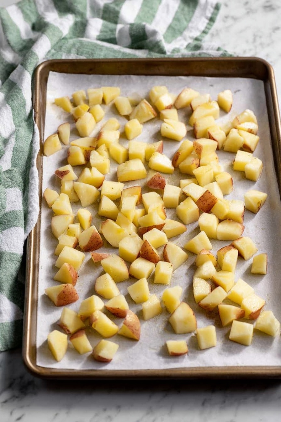A baking tray lined with white parchment paper holds many small potato cubes evenly spread out. The potato pieces have light yellow flesh with some skin parts showing a reddish-brown color. The tray rests on a white marbled surface with a green and white striped cloth partially visible in the background. Photo taken with an iphone --ar 2:3 --v 7