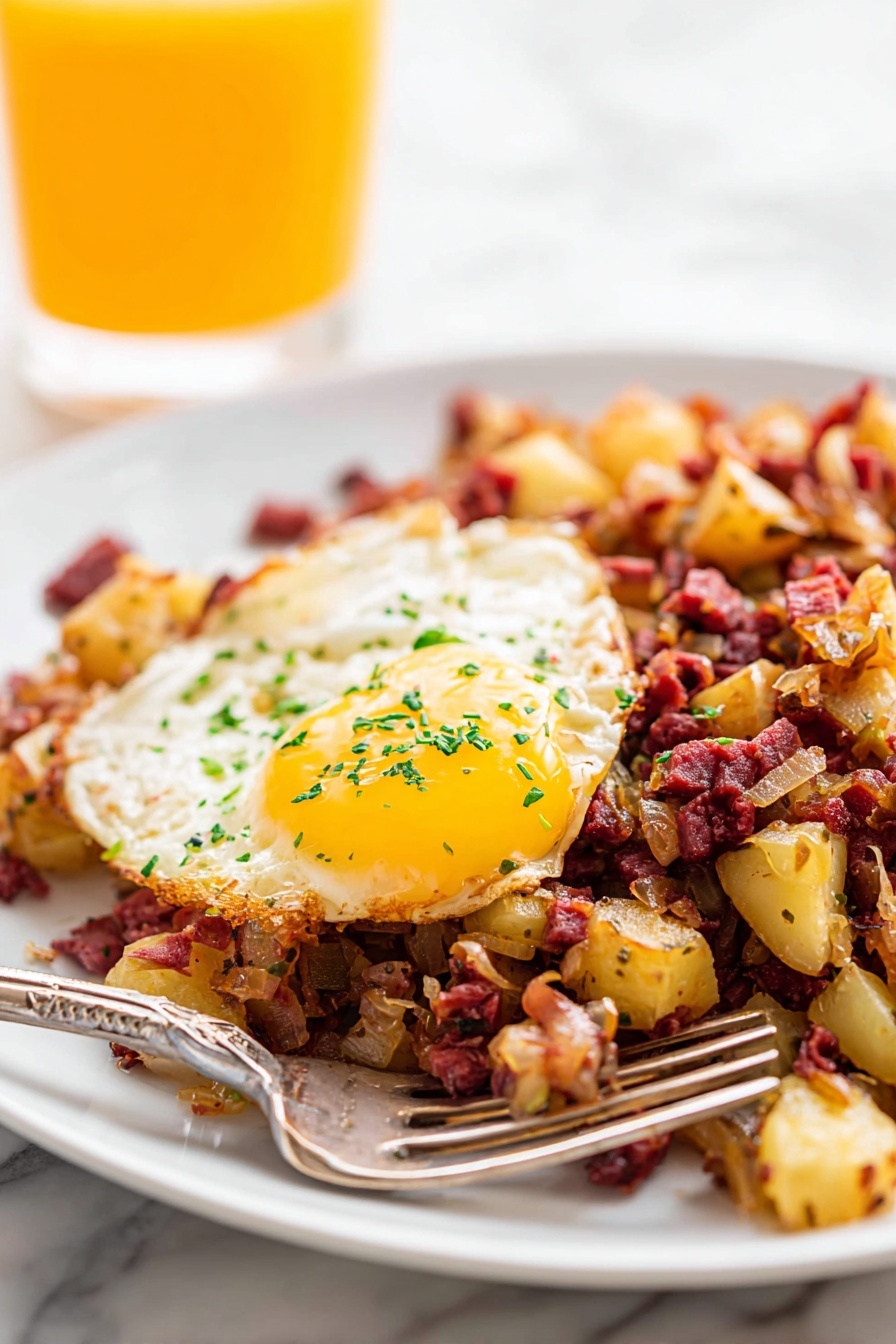 This image shows a white plate with a cooked meal consisting of three main layers. The bottom layer has diced golden-brown potatoes and bits of caramelized onions with a slightly crispy texture. The middle layer consists of shredded pieces of reddish corned meat mixed evenly with the potatoes. The top layer features a sunny-side-up egg with a bright yellow yolk and white edges sprinkled with green herbs. A silver fork rests on the edge of the plate against a white marbled surface with a blurry orange juice glass in the background. Photo taken with an iphone --ar 2:3 --v 7
