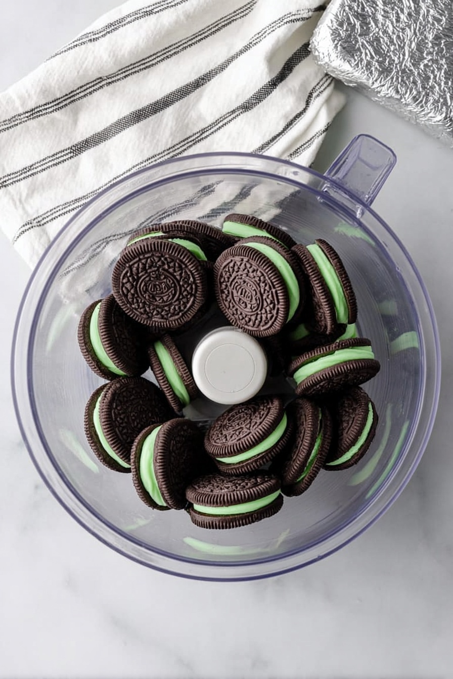 A clear blender bowl filled with a single layer of round chocolate sandwich cookies with green cream filling, arranged in a loose pile, sits on a white marbled surface. At the top left corner, there is a folded white cloth with thin black stripes, and at the top right, a silver wrapped block of cream cheese is visible. The clear blender blades can be seen under the cookies through the bowl. Photo taken with an iphone --ar 2:3 --v 7