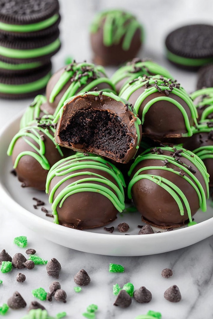 A white plate holds about twenty small round chocolate balls with a smooth dark brown coating. Each ball is decorated with thin bright green lines drizzled on top, and small dark brown sprinkles are scattered over the green drizzle. Around the plate, there are three small white bowls: one with dark brown chocolate chips, one with bright green sprinkles, and one with dark brown sprinkles. The setting is a white marbled surface, and a part of a white cloth with black stripes is visible at the bottom edge of the image. Photo taken with an iphone --ar 2:3 --v 7