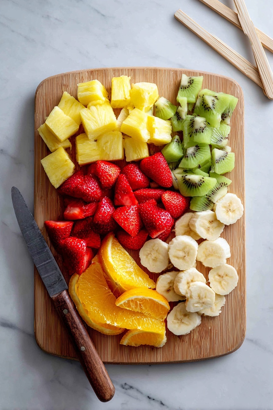 The image shows a wooden cutting board placed on a white marbled surface, with five kinds of fruit neatly arranged in separate groups. At the top left are chunks of yellow pineapple with a soft, juicy texture. Next to them on the top right are small green pieces of kiwi with visible black seeds inside. In the center are bright red strawberries with a smooth and shiny surface. Below the strawberries on the bottom right corner are light yellow banana slices showing their soft, creamy texture. Finally, on the bottom left are orange slices with a juicy, slightly rough texture. A knife with a wooden handle lies on the bottom left side of the cutting board, and several wooden skewers rest on the top right corner of the marbled surface. Photo taken with an iphone --ar 2:3 --v 7